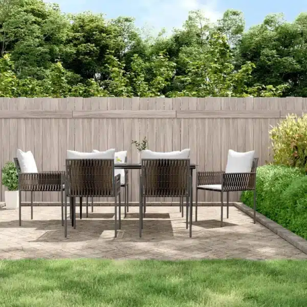 keyword: Patio Dining Set, 7 Piece Brown Poly Rattan and Steel Patio Dining Set with Cushions