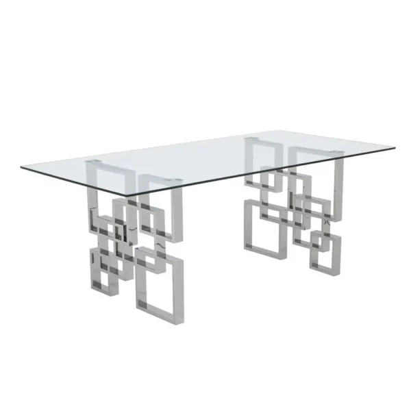 , Rectangular Clear Glass Dining Table with Silver Stainless Steel Legs