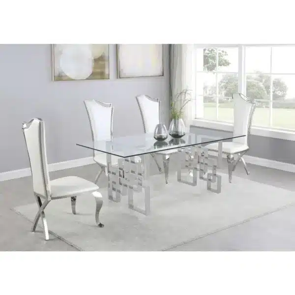 , Rectangular Clear Glass Dining Table with Silver Stainless Steel Legs