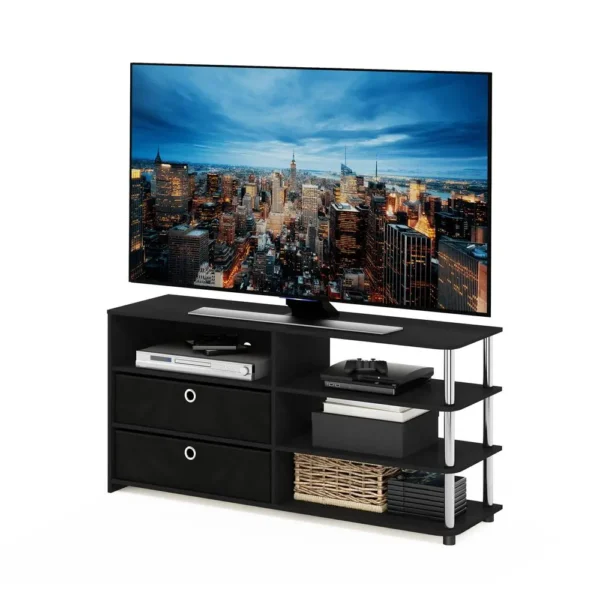 , Furinno JAYA Simple Design TV Stand for up to 55-Inch with Bins, Americano, Stainless Steel Tubes