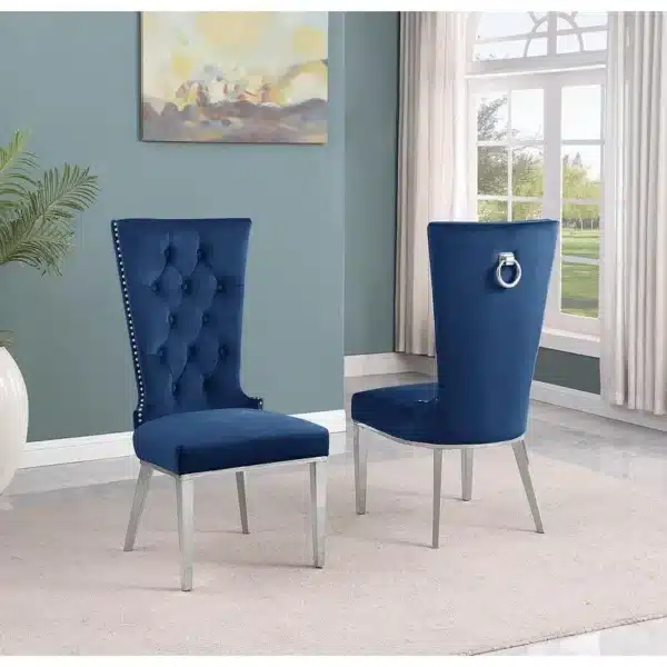 , Navy Blue velvet side chair with silver stainless steel base (SET OF 2)