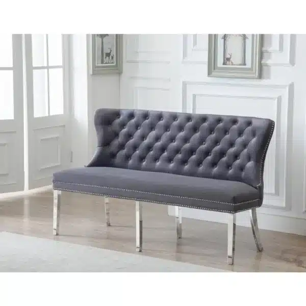 , Bench with Tufted Buttons, Double Nailhead Trim, and Stainless Steel Legs
