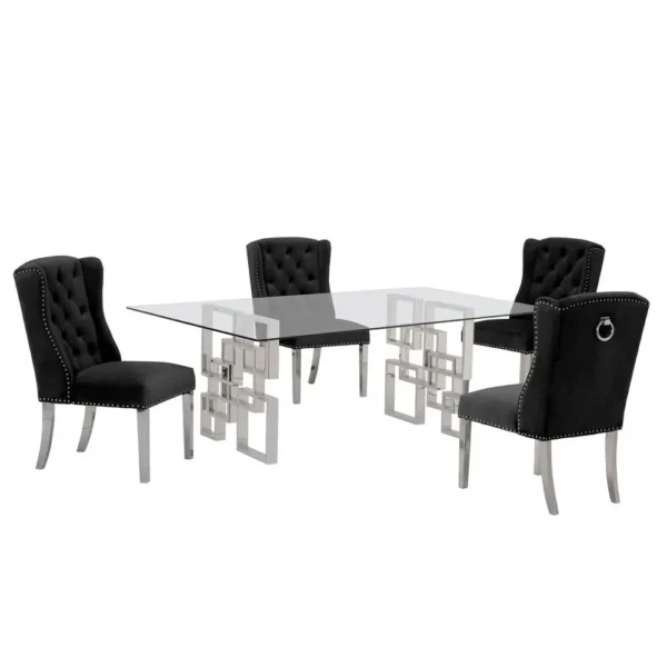 , Stainless Steel 5 Piece Dining Set, Velvet Chairs &#8211; Black Color 714