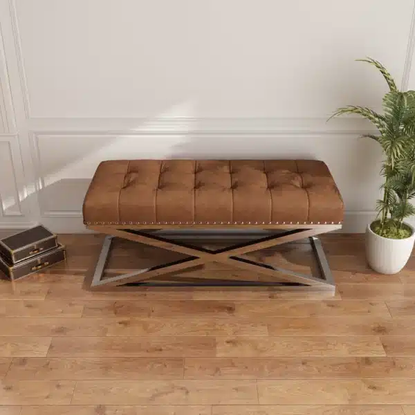 , 44&#8243; Vintage Leather Bed Bench with Stainless Steel Base