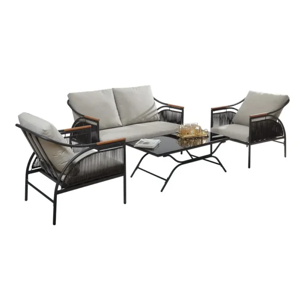 , 4-Pc Black Iron Outdoor Patio Furniture Set with Gray Cushions