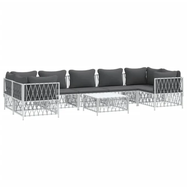 , 8 Piece Patio Lounge Set with Cushions White Steel