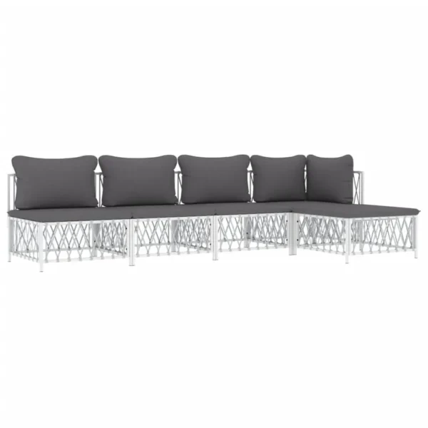 , 5 Piece Patio Lounge Set with Cushions White Steel