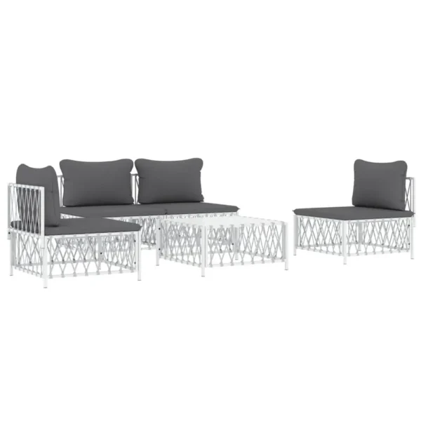 , 5 Piece Patio Lounge Set with Cushions White Steel