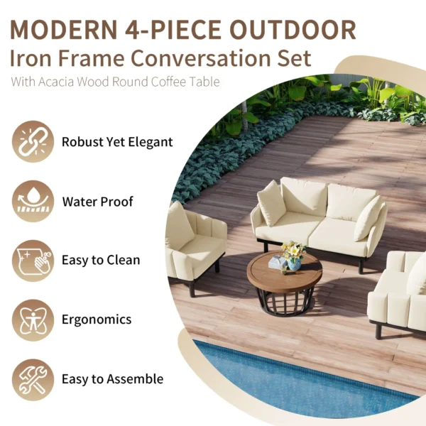 , Luxury Modern 4-Piece Outdoor Iron Frame Conversation Set, Patio Chat Set with Acacia Wood Round Coffee Table for Backyard, Deck, Poolside, Indoor Use, Loveseat+Arm Chairs, Beige
