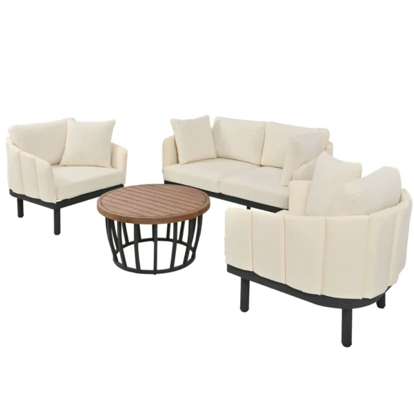 , Luxury Modern 4-Piece Outdoor Iron Frame Conversation Set, Patio Chat Set with Acacia Wood Round Coffee Table for Backyard, Deck, Poolside, Indoor Use, Loveseat+Arm Chairs, Beige