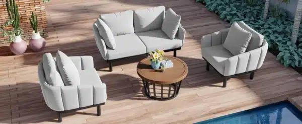 , Luxury Modern 4-Piece Outdoor Iron Frame Conversation Set, Patio Chat Set with Acacia Wood Round Coffee Table for Backyard, Deck, Poolside, Indoor Use, Loveseat+Arm Chairs, Gray