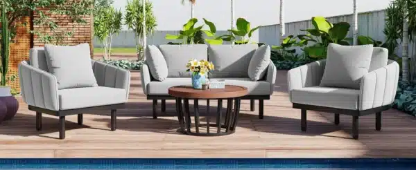 , Luxury Modern 4-Piece Outdoor Iron Frame Conversation Set, Patio Chat Set with Acacia Wood Round Coffee Table for Backyard, Deck, Poolside, Indoor Use, Loveseat+Arm Chairs, Gray
