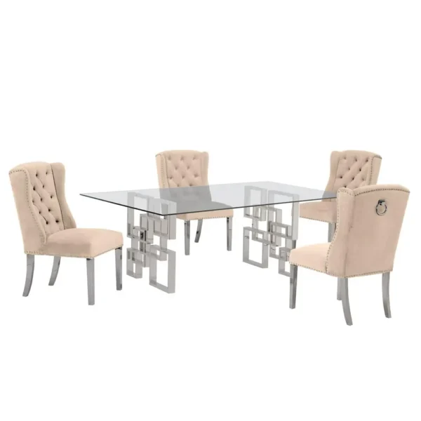 , Stainless Steel 5 Piece Dining Set, Velvet Chairs &#8211; Beige Color 721