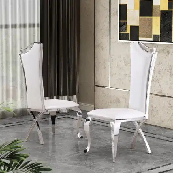 , 7-Piece Dining Set with Stainless Steel-Legged Dining Chairs in White Faux Leather