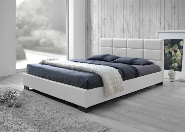 , White Faux Leather Padded Platform Base Queen Size Bed Frame
