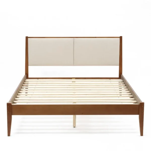, Modern Beige Upholstered Headboard and Wood Frame Platform Bed Set, Queen