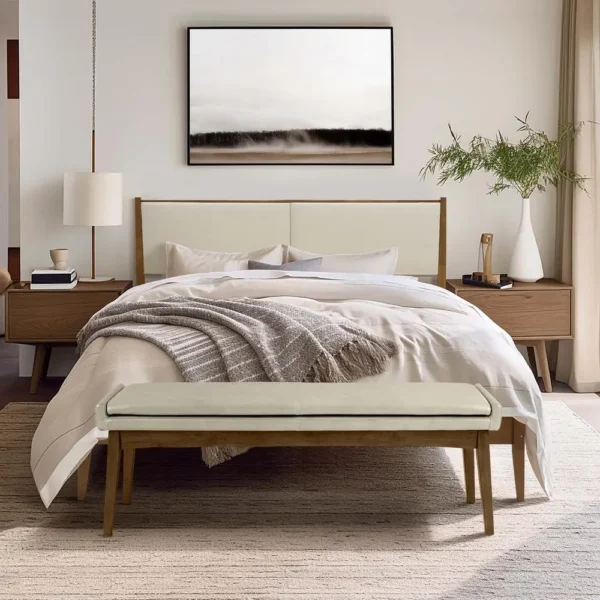 , Modern Beige Upholstered Headboard and Wood Frame Platform Bed Set, Queen