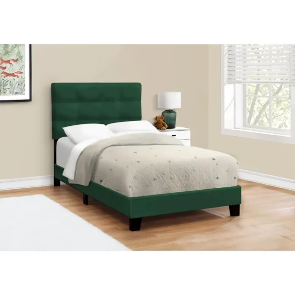, Bed, Twin Size, Upholstered, Frame Only, Green Velvet, Transitional