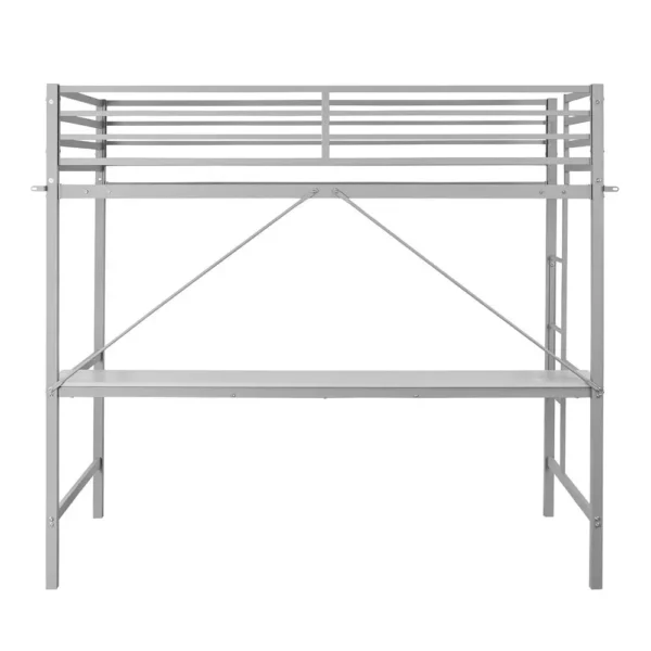 , Twin Size Metal Loft Bed Frame with Built-In Desk