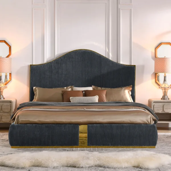 , Corduroy Upholstered Bed Frame King Size 59.5&#8243; Tall Headboard Queen Bed Frame Metal Decoration /No Box Spring Needed