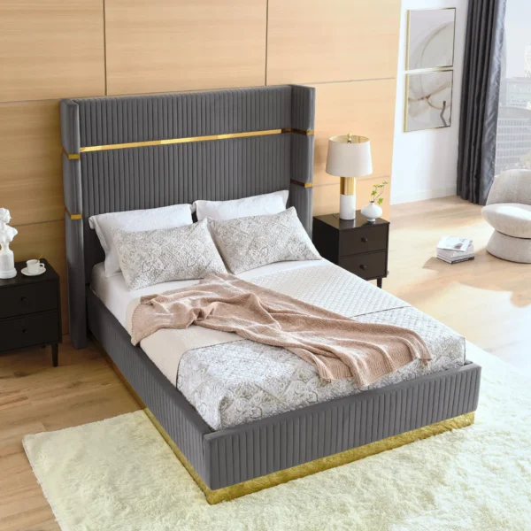 , Corduroy Upholstered Bed Frame Queen Size 65&#8243; Tall Wingback Headboard Queen Bed Frame Metal Decoration /No Box Spring Needed