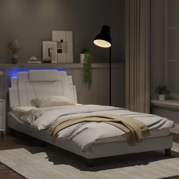 , vidaXL LED Lights White Twin Bed Frame
