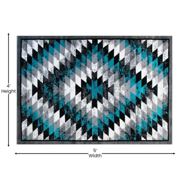 Teagan Collection Southwestern 4' x 5' Turquoise Area Rug - Image 4