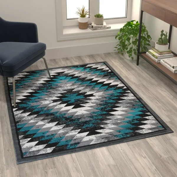 Teagan Collection Southwestern 4' x 5' Turquoise Area Rug - Image 5