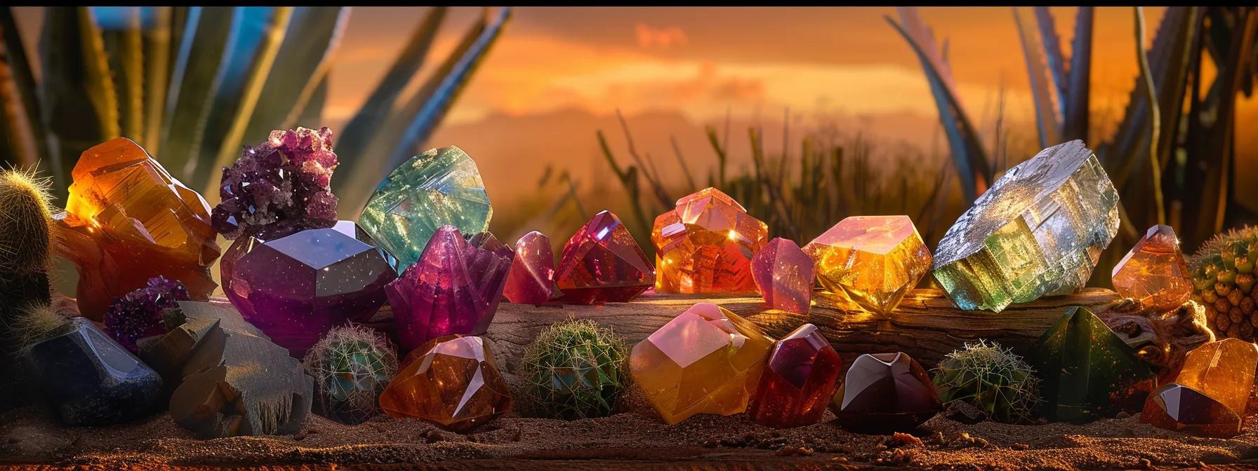 a radiant display of colorful gemstones and sparkling diamonds rests elegantly on a rustic southwestern adobe tabletop, surrounded by vibrant desert flora and warm sunset hues.
