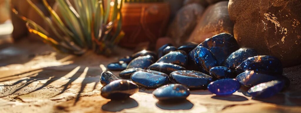 a striking arrangement of dark blue gemstones glimmers under the warm southwestern sunlight, artfully displayed against a backdrop of earthy desert hues and rustic home decor.