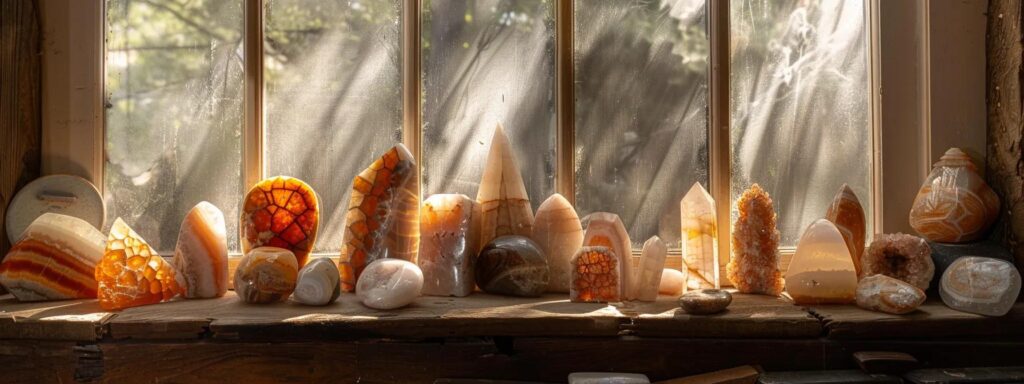 a striking arrangement of polished onyx gemstones elegantly displayed against the warm, earthy tones of a southwestern home interior, illuminated by soft, natural light filtering through rustic windows.