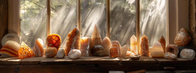 a striking arrangement of polished onyx gemstones elegantly displayed against the warm, earthy tones of a southwestern home interior, illuminated by soft, natural light filtering through rustic windows.