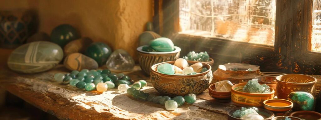 a stunning display of vibrant jade gemstones nestled among rustic southwestern decor, illuminated by warm, golden sunlight filtering through an adobe window, creating an enchanting play of colors and textures.