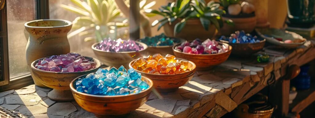 a vibrant display of colorful gemstones glistens under warm sunlight in a southwestern-style home, surrounded by rustic decor and rich, earthy tones that reflect the enchanting landscape outside.