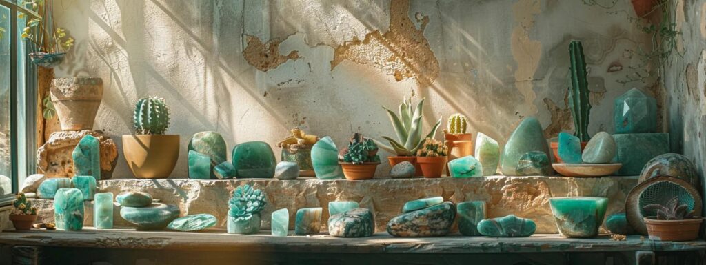 a vibrant collection of polished aventurine gemstones glistens under warm, natural sunlight, beautifully arranged against a rustic southwestern-inspired backdrop of earthy tones and textured decor.