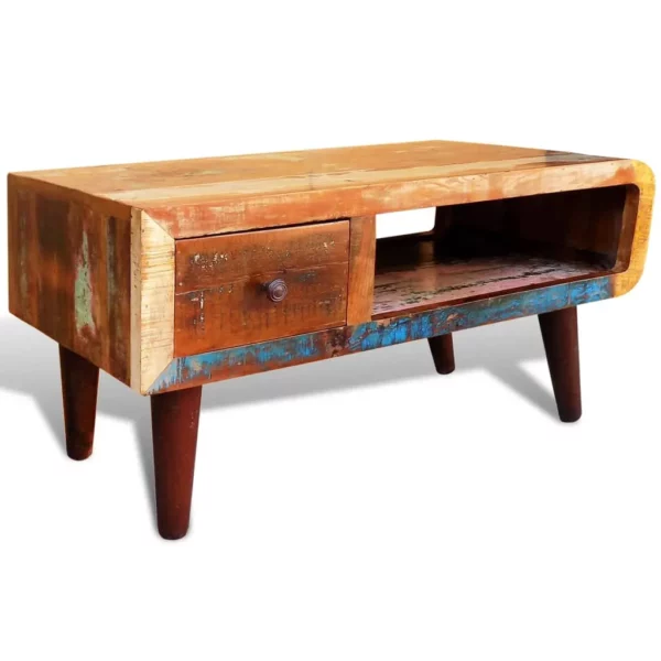 Coffee Table with Curved Edge 1 Drawer Reclaimed Wood - Image 3