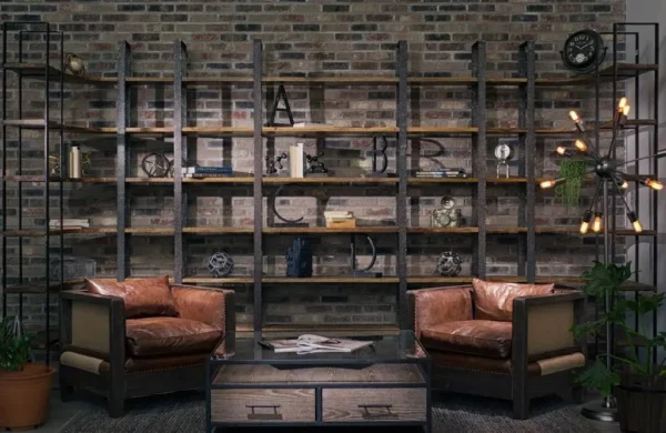 Contemporary Brown Wood and Iron Six Shelf Standing Unit Practical and Stylish Home Organization Solution - Image 4