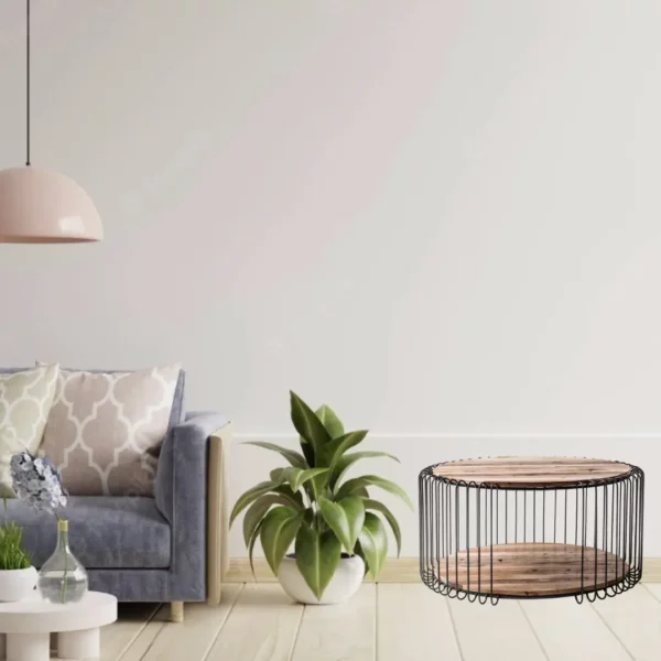 32" Black and Natural Reclaimed Wood and Iron Round Coffee Table - Stylish and Sturdy - Image 2