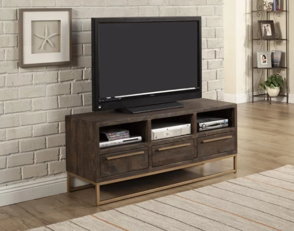 "52"" Deep Taupe Reclaimed Pine And Plywood Open Shelving TV Stand"
