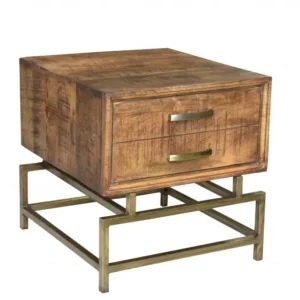 21" Brass And Brown Solid Wood And Iron Square End Table With Drawer - Rustic Charm and Functional Storage