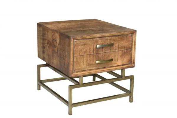 21" Brass And Brown Solid Wood And Iron Square End Table With Drawer - Rustic Charm and Functional Storage
