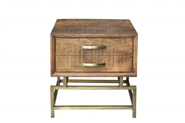 21" Brass And Brown Solid Wood And Iron Square End Table With Drawer - Rustic Charm and Functional Storage - Image 2