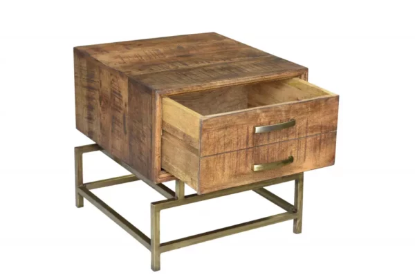 21" Brass And Brown Solid Wood And Iron Square End Table With Drawer - Rustic Charm and Functional Storage - Image 3