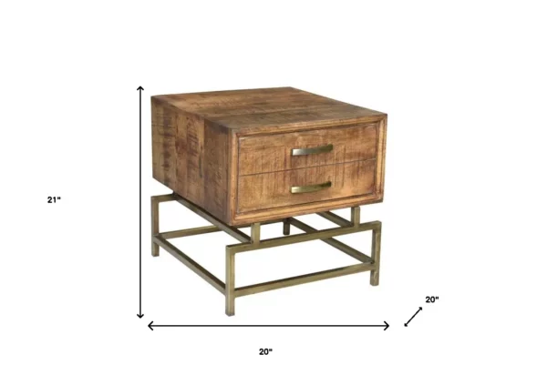 21" Brass And Brown Solid Wood And Iron Square End Table With Drawer - Rustic Charm and Functional Storage - Image 4