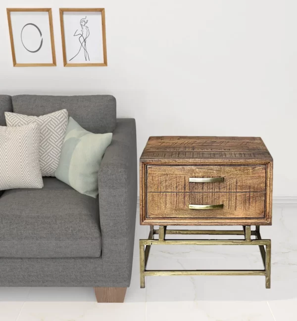 21" Brass And Brown Solid Wood And Iron Square End Table With Drawer - Rustic Charm and Functional Storage - Image 5