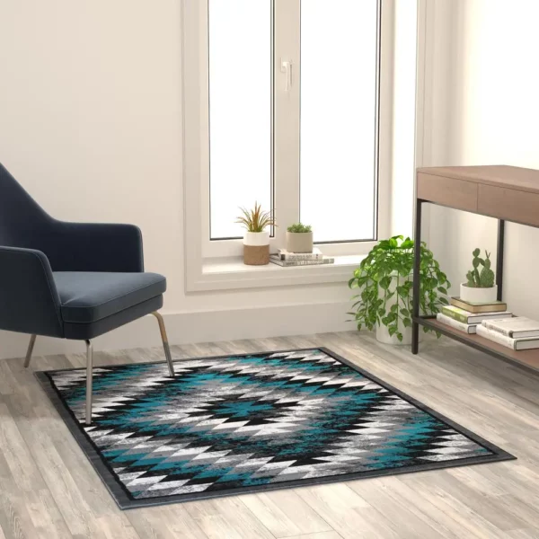 Teagan Collection Southwestern 4' x 5' Turquoise Area Rug - Image 2