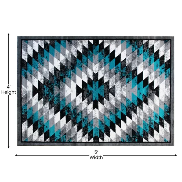 Teagan Collection Southwestern 4' x 5' Turquoise Area Rug - Image 4