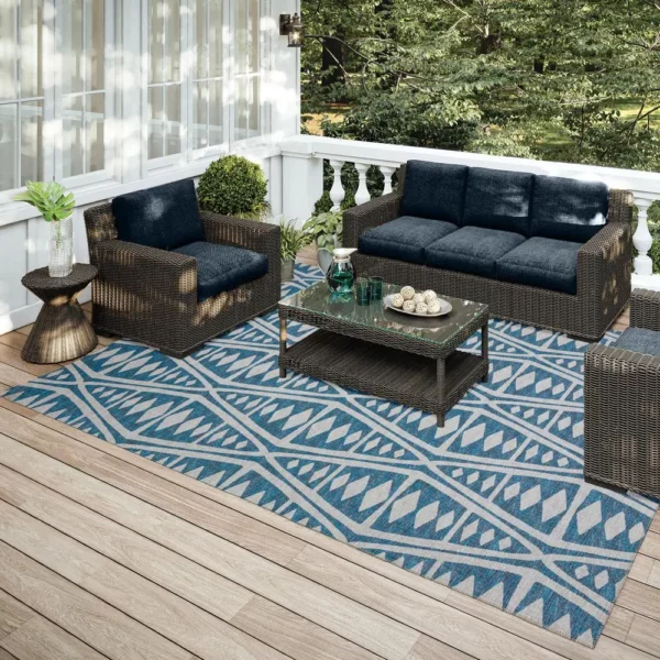 Yuma Blue Southwestern Southwest 9' x 12' Area Rug Blue - Durable and Stylish | Made in the USA