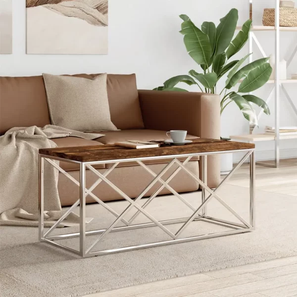 Coffee Table Stainless Steel and Solid Wood Reclaimed - Image 7