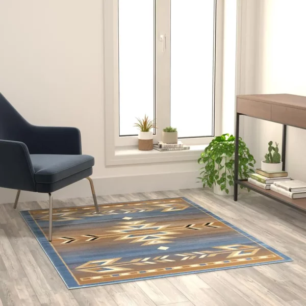 Lodi Collection Southwestern 4' x 5' Blue Area Rug - Image 2
